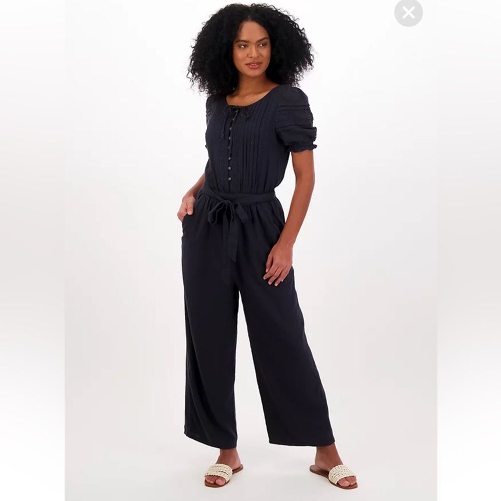 American Eagle Cotton Linen Blend Laced Jumpsuit Romper Short Sleeves M Black